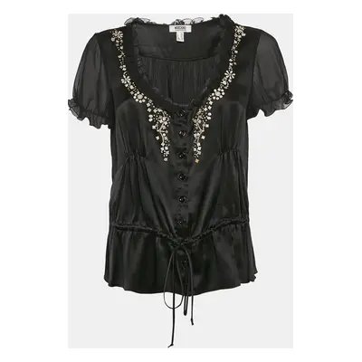 Moschino Black Embroidered Satin Silk Ruffled Detail Blouse