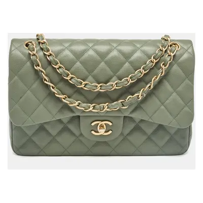 Chanel Green Quilted Caviar Leather Jumbo Classic Double Flap Bag