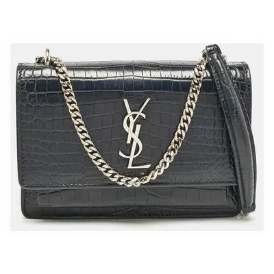 Saint Laurent Navy Blue Croc Embossed Leather Mini Sunset Chain Bag