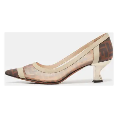 Fendi Brown/Beige Zucca Mesh and Leather Colibri Pointed Toe Pumps Size