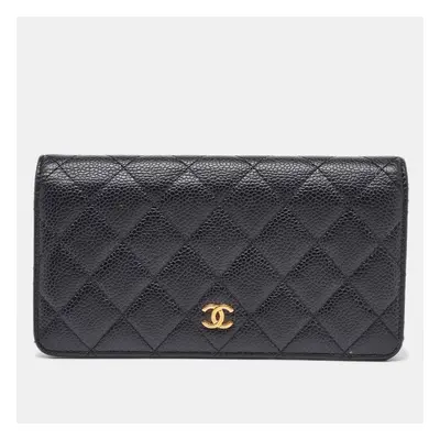 Chanel Black Quilted Caviar Leather Yen Continental Wallet