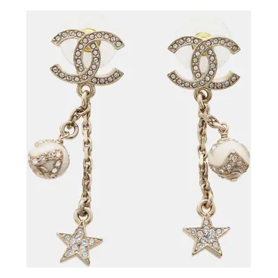 Chanel Cc Logo Star Motif Swing Earrings White Gold Plated Rhinestone