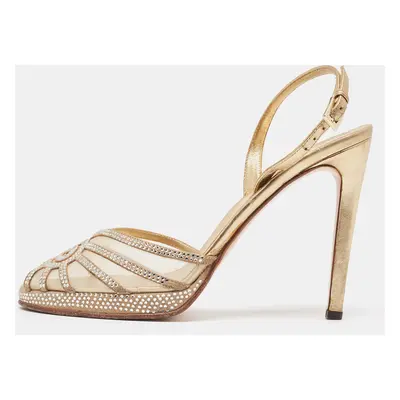 Valentino Gold Mesh and Crystal Embellished Suede Platform Slingback Sandals Size