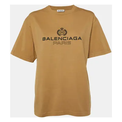 Balenciaga Beige Logo Print Cotton Crew Neck T-Shirt