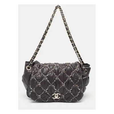 Chanel Black Quilted Nylon Tweed On Stitch Bubble Accordion Flap