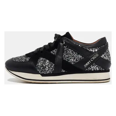 Jimmy Choo Black Glitter and Suede Low Top Sneakers