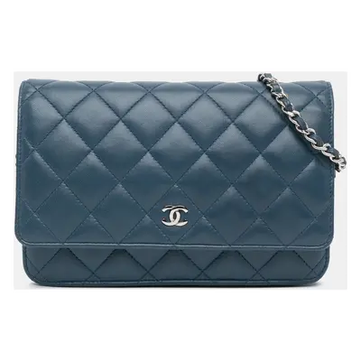 Chanel Blue CC Quilted Lambskin Wallet On Chain