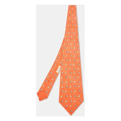 Hermès Orange Whimsical Chickens Print Silk Classic Tie