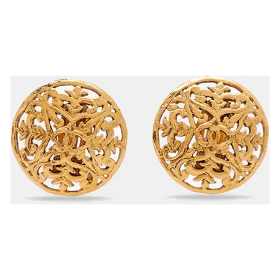 Chanel CC Cut Out Gold Tone Round Stud Earrings