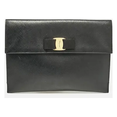 Salvatore Ferragamo Black Saffiano Leather Vara Bow Clutch