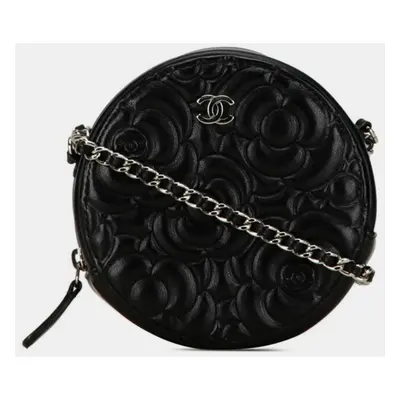 Chanel Black Leather Camellia Round Chain Pochette Shoulder Bag