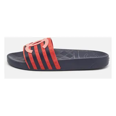 Chanel Navy Blue/Red Striped Rubber CC Slides Size