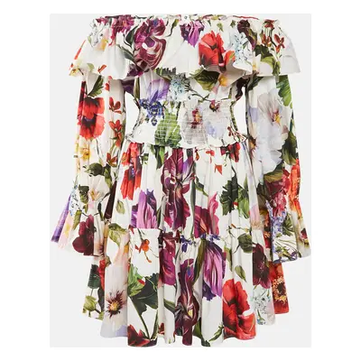 Dolce & Gabbana White Floral Print Cotton Off-Shoulder Mini Dress