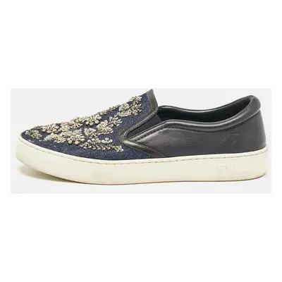 Dior Blue Denim and Leather Embellished Slip On Sneakers Size