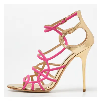 Jimmy Choo Pink/Gold Leather and Fabric Buckle Detail Cage Sandals Size