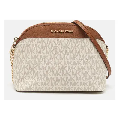 Michael Kors White/Brown Signature Coated Canvas and Leather Jet Set Travel Crossbody Bag