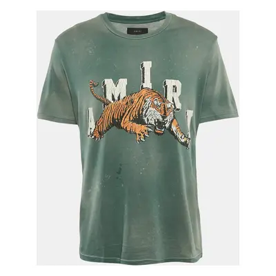 Amiri Vintage Green Tiger Print Cotton Crew Neck T-Shirt