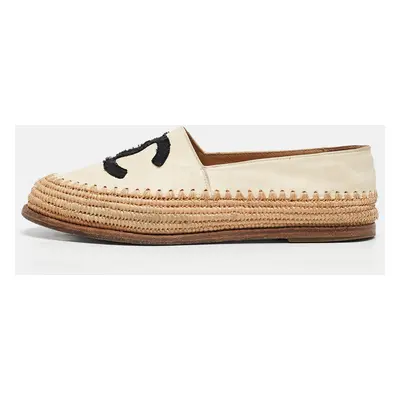 Chanel Beige/Black Leather and Raffia CC Espadrille Flats Size