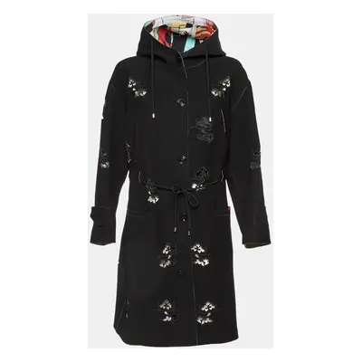 Giorgio Armani Black Laser Cut Work Detail Hooded Overcoat