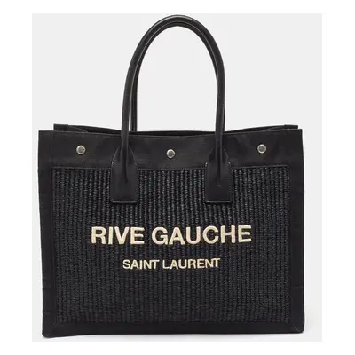 Saint Laurent Black Canvas and Straw Rive Gauche Tote