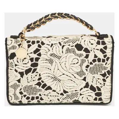 Stella McCartney Black/White Satin Embroidered Top Handle Bag