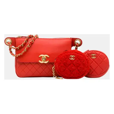 Chanel Red CC Quilted Calfskin Flap Belt Bag and Coin Purse