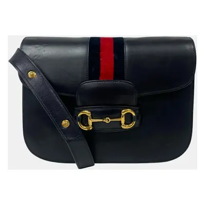 Gucci Horsebit Velour X Leather Shoulder Bag Navy