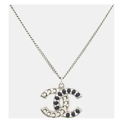 Chanel CC Enamel Faux Pearl Silver Tone Pendant Necklace