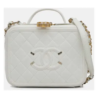 Chanel White Medium Caviar Filigree Vanity Case