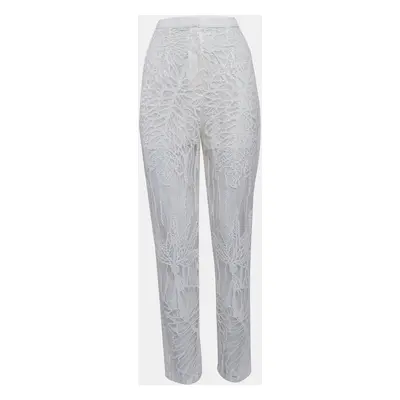 Elie Saab White Sequin Embroidered Tulle Straight Fit Trousers