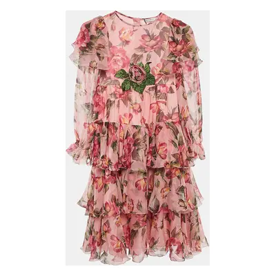 Dolce & Gabbana Pink Floral Print Silk Ruffled Dress 7/8 Yrs