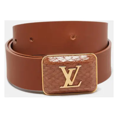 Louis Vuitton Brown Leather and Snakeskin Square Logo Buckle Belt 80CM