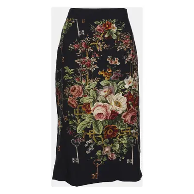 Dolce & Gabbana Dark Grey Floral Print Crepe Sheath Skirt