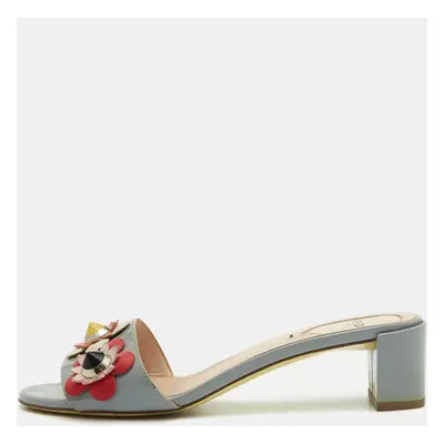 Fendi Grey Patent Leather Flowerland Slide Sandals Size