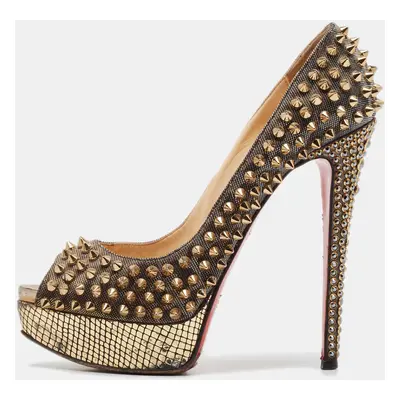 Christian Louboutin Metallic Gold Lurex Fabric Lady Peep Toe Spikes Platform Pumps Size 38.5