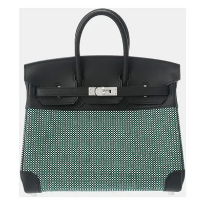 Hermes Black/Mint/Blanc Toile Quadrille Swift Leather Birkin Bag