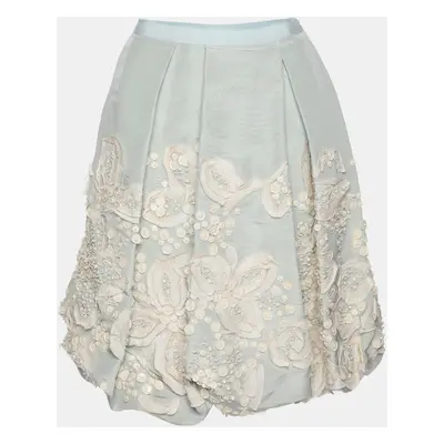 Oscar de la Renta Grey/Light Blue Silk Embroidered Mini Skirt Size