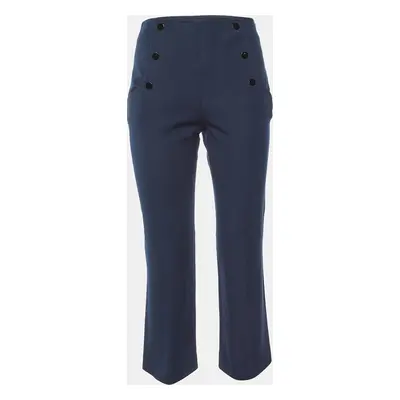 Sandro Navy Blue Cotton Blend Straight Fit Cropped Trousers