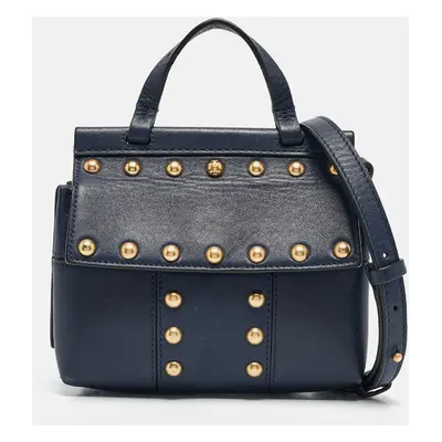 Tory Burch Navy Blue Leather Mini Block-T Top Handle Bag