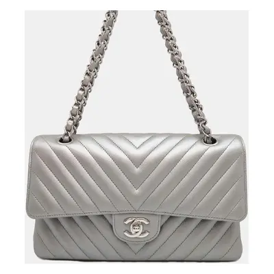 Chanel Silver Caviar Leather Chevron Double Chain Shoulder Bag