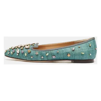 Dolce & Gabbana Green Raffia Crystal Embellished Ballet Flats Size