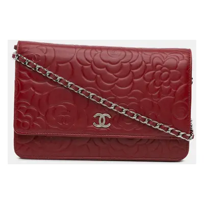 Chanel Red Lambskin Camellia Wallet On Chain