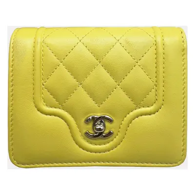 Chanel Yellow Pink Lambskin Leather Matelasse Mademoiselle Small Flap Tri-fold Wallet