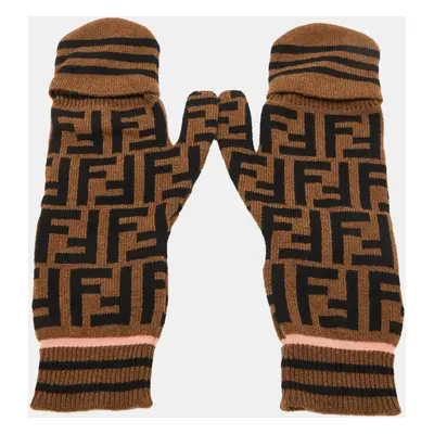 Fendi Brown FF Logo Cashmere & Wool Knit Mittens