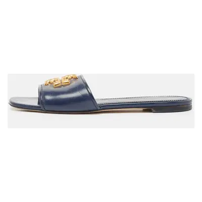 Tory Burch Navy Blue Leather eleanor Flat Sandals Size 37.5