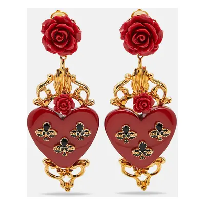 Dolce & Gabbana Fleur de Lis Heart Resin Enamel Gold Tone Long Earrings