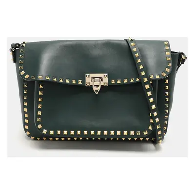 Valentino Green Leather Rockstud Flap Shoulder Bag