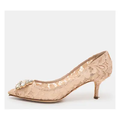 Dolce & Gabbana Light Peach Lace Bellucci Embellished Pointed Toe Pumps Size