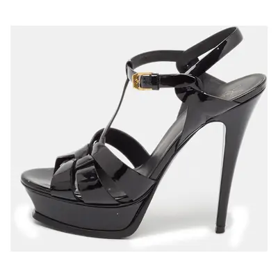 Saint Laurent Black Patent Leather Tribute Ankle Strap Sandals Size 38.5