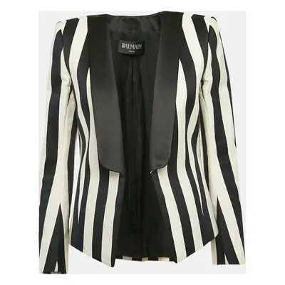 Balmain Black/White Stripe Cotton Blend Open Front Blazer